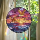 Seagull Sunset Stained Glass Suncatcher, Round Ocean Wave Window Panel with Flying Birds, Coastal Beach Nature Home Decor Gift